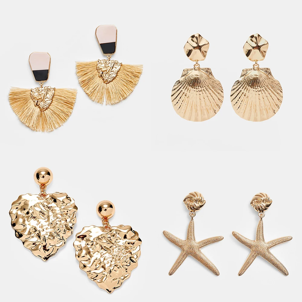 

2019 New Designs Punk Gold Sea Shell Drop Dangle Earring for Women Fashion Beach Starfish Metal Maxi Statement Tassels Earring