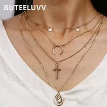 BUTEELUVV Bohemian Multi Layered Chain Necklace for Women Elegant Gold Color Cross Moon Saint Pendant Necklace Fashion Jewelry fashion cross pendant multi layered decussate body chain for women