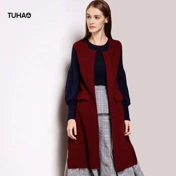 

TUHAO Autumn Knitted Vest Split Hem Sleeveless Office Lady Cardigans Women Slim Pockets Open Stitch Long Sweaters LM09
