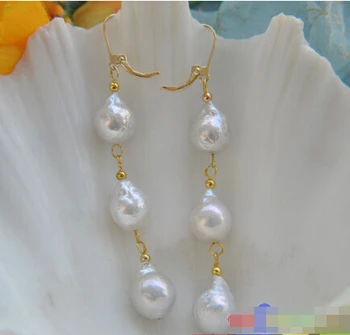 

Free shipping@@@@@ 13MM WHITE ALMOST ROUND KESHI REBORN PEARL DANGLE EARRING 6.09