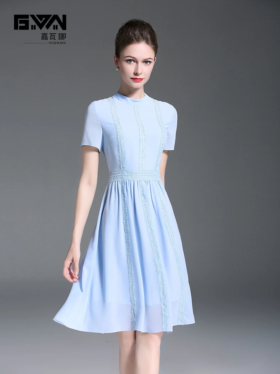ligne Et Décoration Clair Manches Courtes De Style Bureau Montant Mousseline À Soirée Soie Robes Gyalwana Dame Col A Nouveau Dentelle En Bleu Robe qwAvxR7