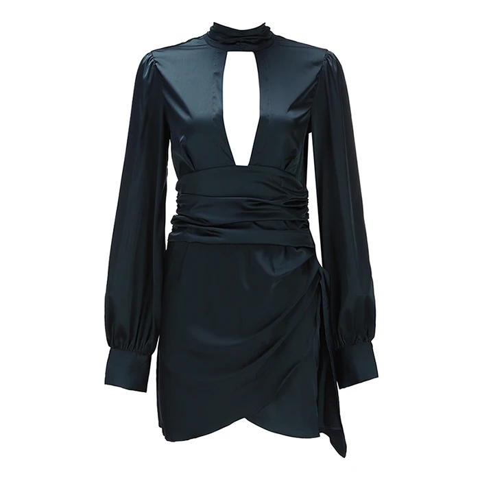Летний фонарик с длинным рукавом ажурное элегантное платье одноцветное Цвет Для женщин с v-образным вырезом Мини Черный пикантное платье vestidos - Color: Black