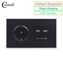COSWALL черная настенная розетка 16A стандарт ЕС розетка с двойным USB умным зарядным портом для мобильных 5 в 2100 мА Выход ПК Панель