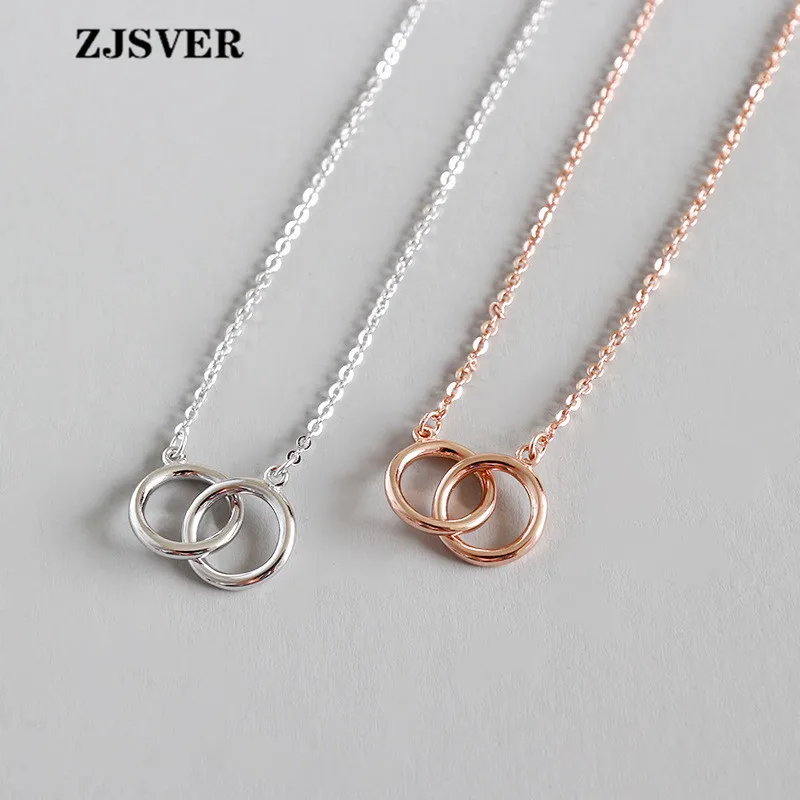 

ZJSVER Fashion Simple Hollow Double Circles Pendant 925 Sterling Silver Champagne/Silver Chain Women Necklace Fine Jewelry