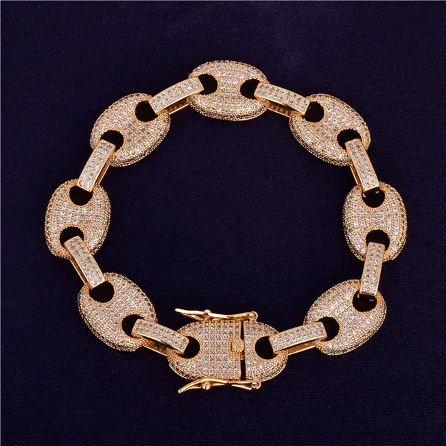 12MM Gold Men's Cuban Link Chain Bracelet Men's Hip hop Jewelry Copper Material Iced Cubic Zircon Chain Bracelet 8" - Окраска металла: gold
