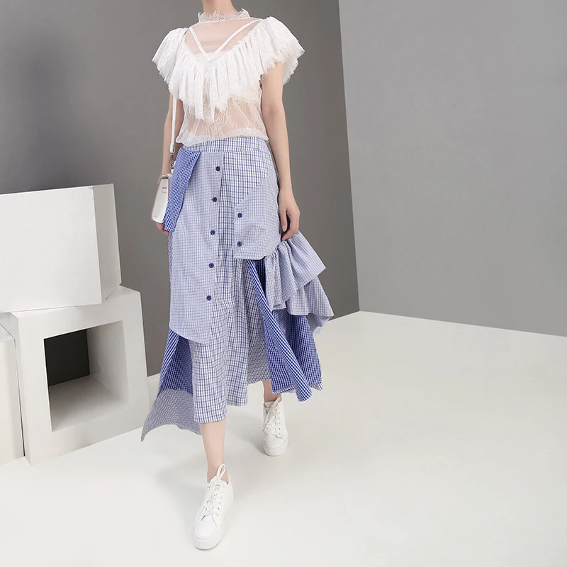 [EAM] новая весенне-летняя юбка с высокой эластичной талией, синяя клетчатая юбка с неровным разрезом, Женская мода JX996