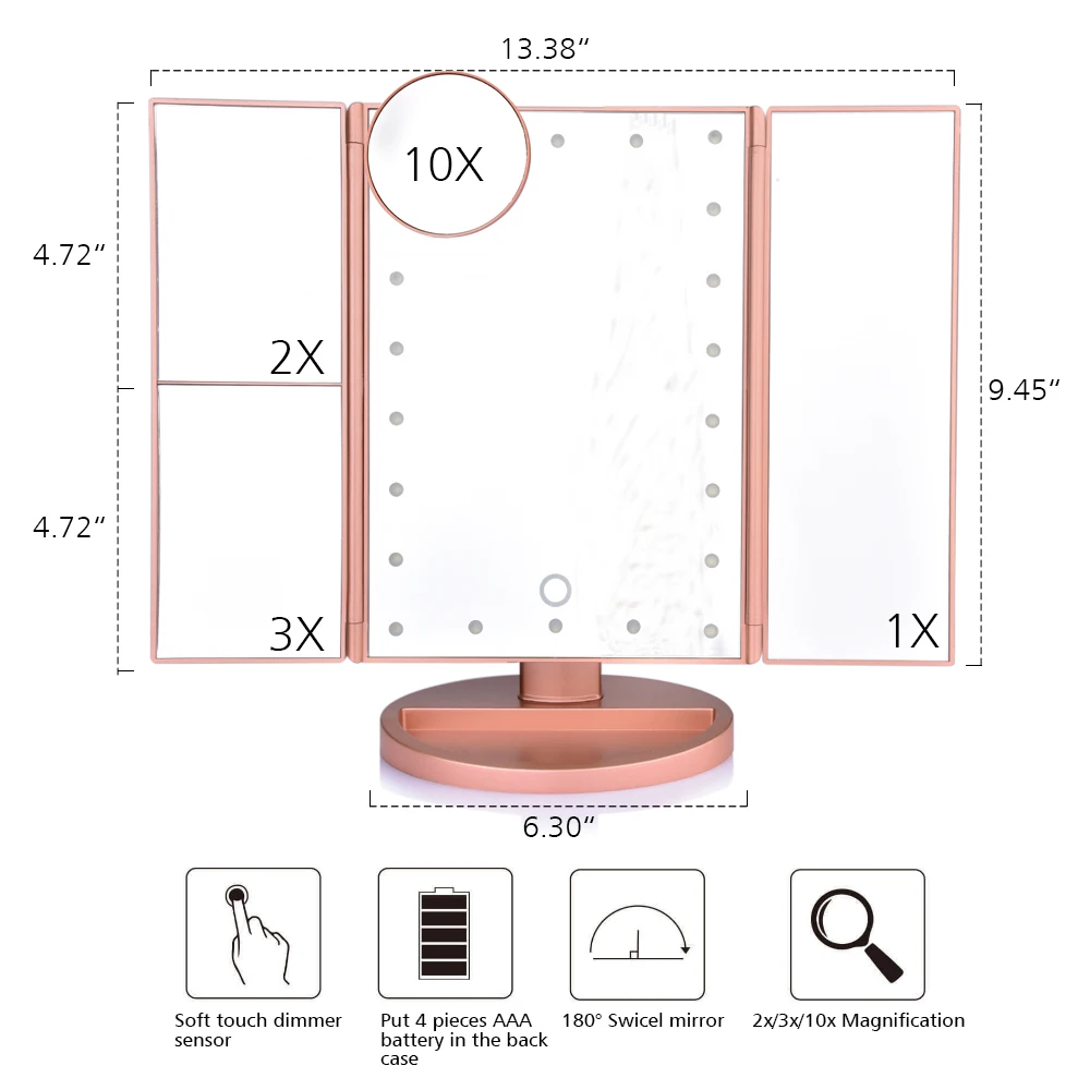 22 светодиодный светильник для туалетного столика, зеркало для макияжа, 3 складных сенсорных экрана, настольная лампа 1X/2X/3X/10X, увеличительное зеркало, косметика