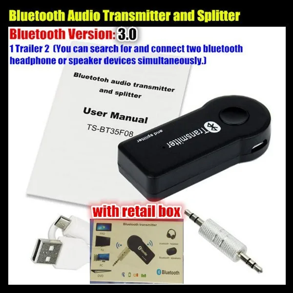  1 Trailer 2 Multi-point Wireless 3.5mm Bluetooth V3.0 Audio Transmitter+Splitter,Stereo Dongle Adapter,for iPod Smart TV DVD MP3 