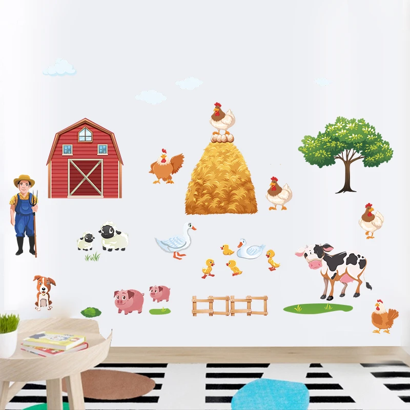 Farm Amimals Wall Stickers Kids Room Decoration Home Decals Diy Cartoon