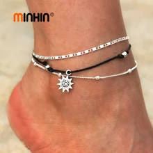 MINHIN Многослойные Boho женские браслеты для щиколотки модные солнцезащитные кулон Серебряный ножной браслет ручной работы Цепочка ножной браслет ювелирные изделия 2 шт
