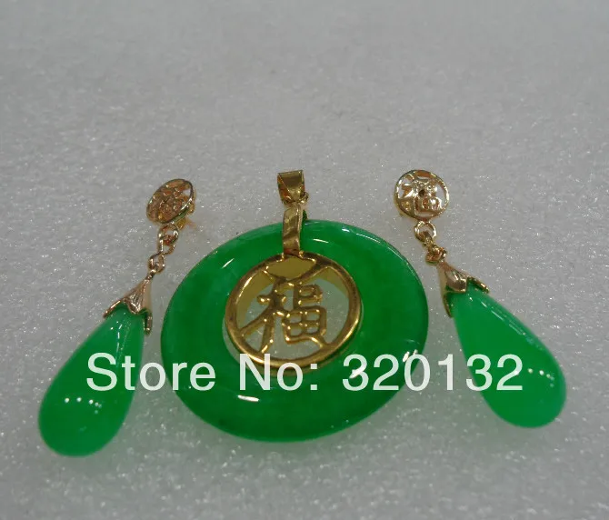 

Charming woman's green Jade Earring necklace/Pendant Sets 18K White Gold Plated Jewellery sets free shipping