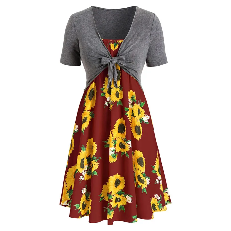 New Women Summer Sexy Short Sleeve Bow Knot Bandage Top Sunflower Print Mini Dress Suits Bohemian Casual Beach Dress #4A30 (7)