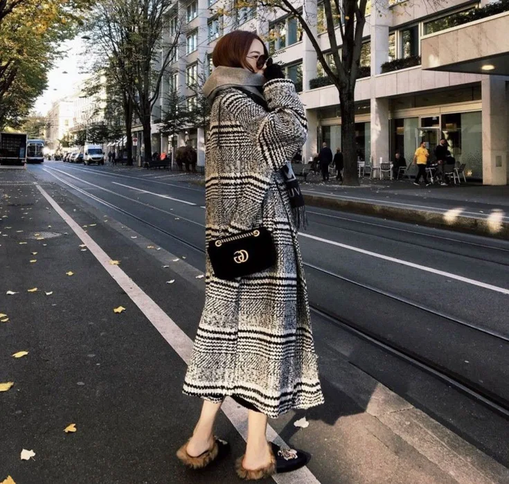 

2019 Autumn Winters Over-the-knee Long Plover Case Woollen Overcoat Woolen Cloth Jackets Bathrobe Loose Grid Type Coat Women