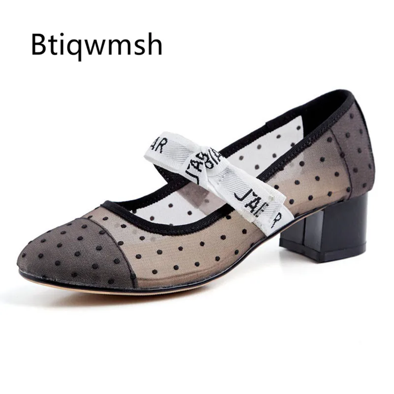 

2019 Retro Mesh Ballet Shoes Woman Round Toe Butterfly Knot High Heels Shoes Women Summer Dress Shoes