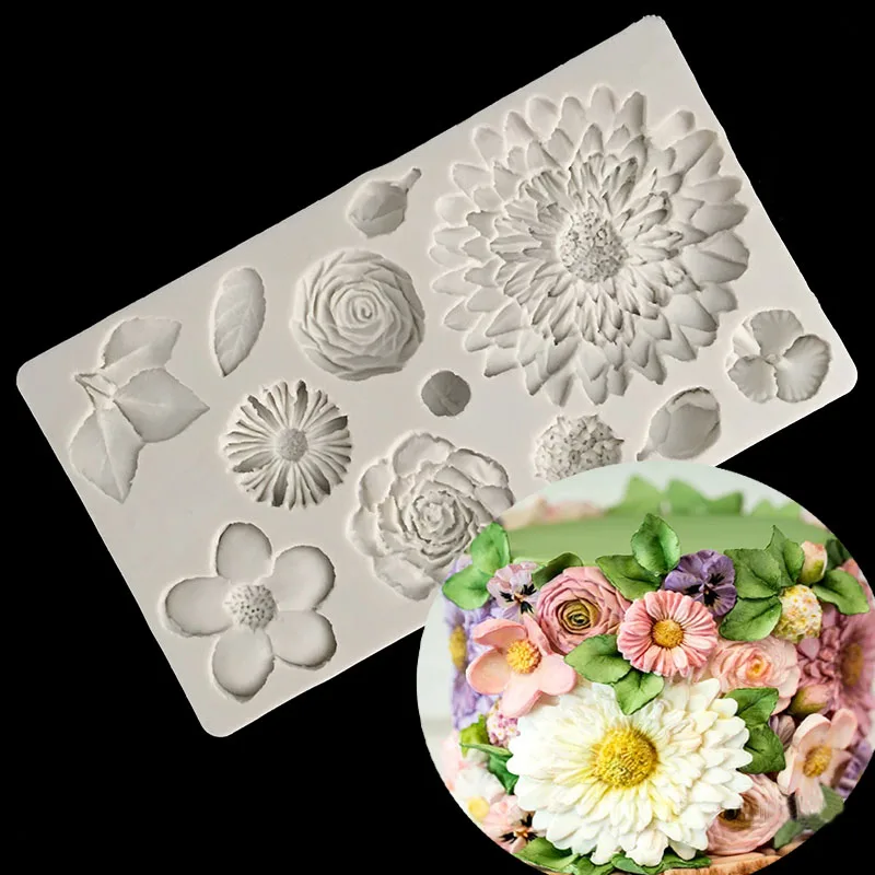 

minsunbak New Flower collection Fondant Cake Silicone Mould Blossoming flowers Rose daisy chocolate
