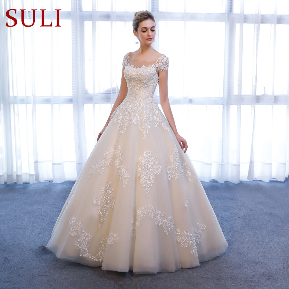 SL-307 Customized Short Sleeve bridal dresses Lace Appliques Beach Vintage SuLi Wedding Dress woman wedding gowns for bride 3