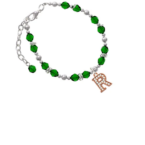 Rose Goldtone Crystal Initial - R - Green Beaded Bracelet