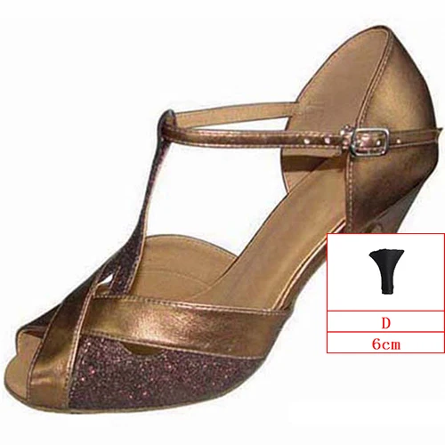 Серебристая танцевальная обувь для сальсы, высота каблука 4,5-8,5 см, Женская Профессиональная танцевальная обувь для латиноамериканских танцев, искусственная кожа с блестящим материалом, JYG930 - Цвет: Brown-D