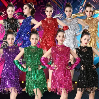 

Latin Dance Dress For Women Sequin Fringe Dress For Tango Cha Cha Rumba Latin Dress Dancer Stage Costume Dancewear VDB029