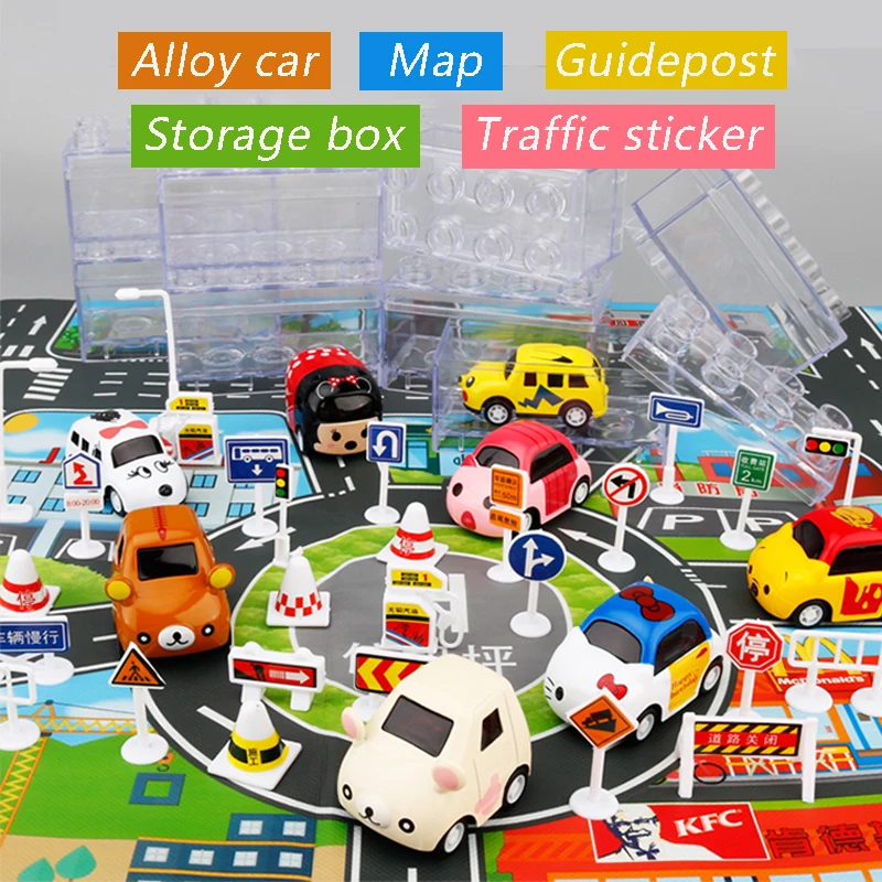 

Hot 56PCS Traffic signs & 25 Styles Car Toys Model Storage Box City Map Crawling Mat Game Pad for Children Interactive Play