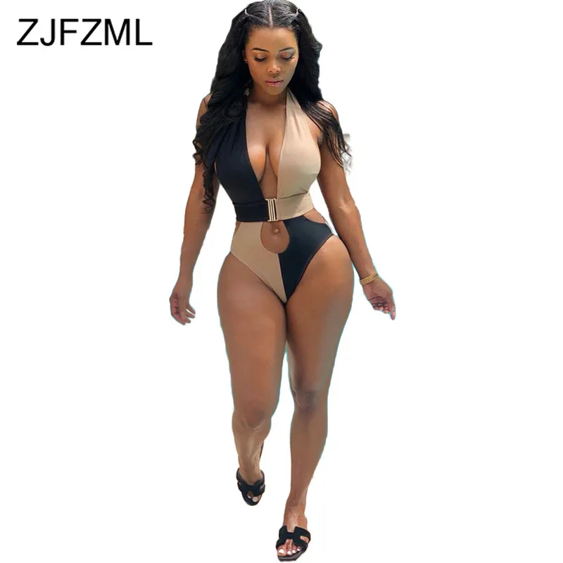 

Contrast Color Swimwear Sexy Bodysuit Women Deep V Neck Cut Out Bodycon Jumpsuit Summer Beach Backless Empire Plus Size Rompers