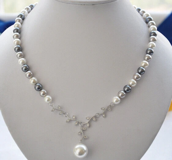 

FREE SHIPPING 18" 10mm white gray black SOUTH SEA SHELL PEARL NECKLACE 925ss
