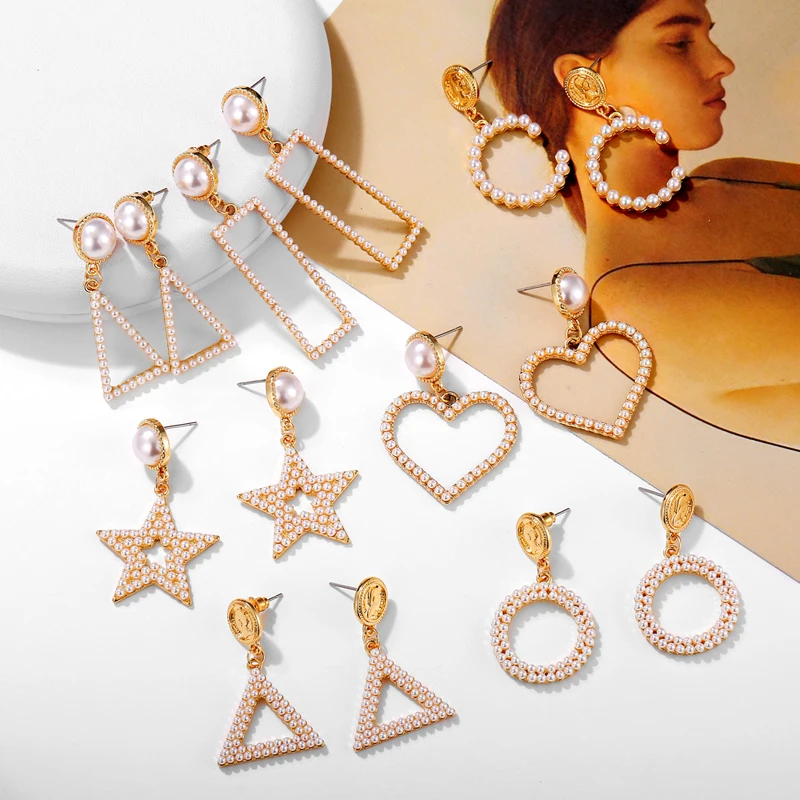 Fashion Statement Jewelry Simulated Pearl Long Earrings For Women Korean Round Heart Geometric Dangle Earring Wedding Jewelry