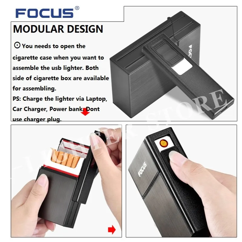 FOCUS Cigarette Case Box Lighter with Flameless Removable Electronic