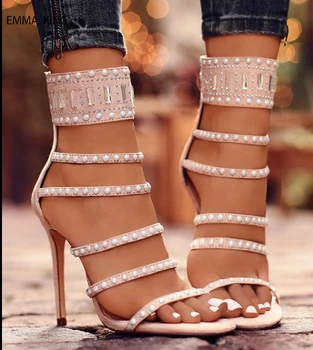 

Summer Beautiful Pearl Rhinestone Strips Woman Sandals Thin High Heels Sandalias Mujer Fashion Party Stage Wedding Shoes Women