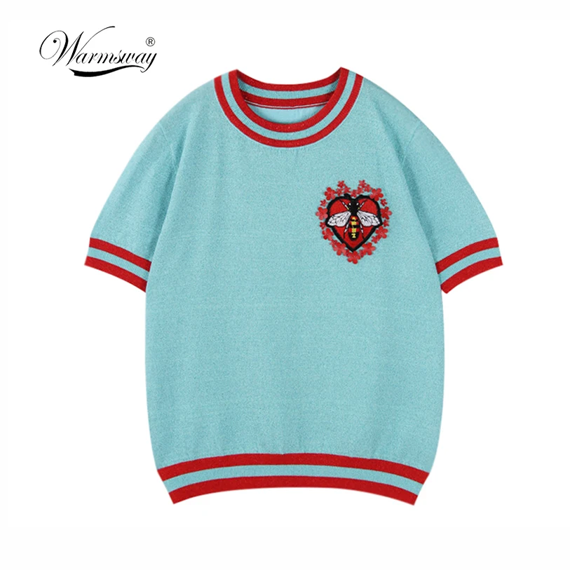 Warmsway Bee Pattern Flowers Appliques Crop Top T Shirt Pullovers Knitwear Summer Top 2018 Korean Stripe Design Clothes   B-103