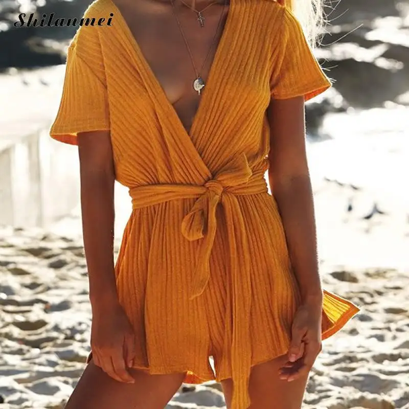 Women Romper Solid Yellow Short Sleeve Deep V Neck Loose Playsuit Drawstring Elegant Streetwear Sexy Casual Jumpsuit with Belt Jumpsuits and Playsuits