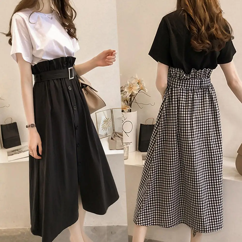 

2019 New Free shipping Women Fahion Dress Suits Short Sleeve Shirts shape Skirts Simple Clothes
