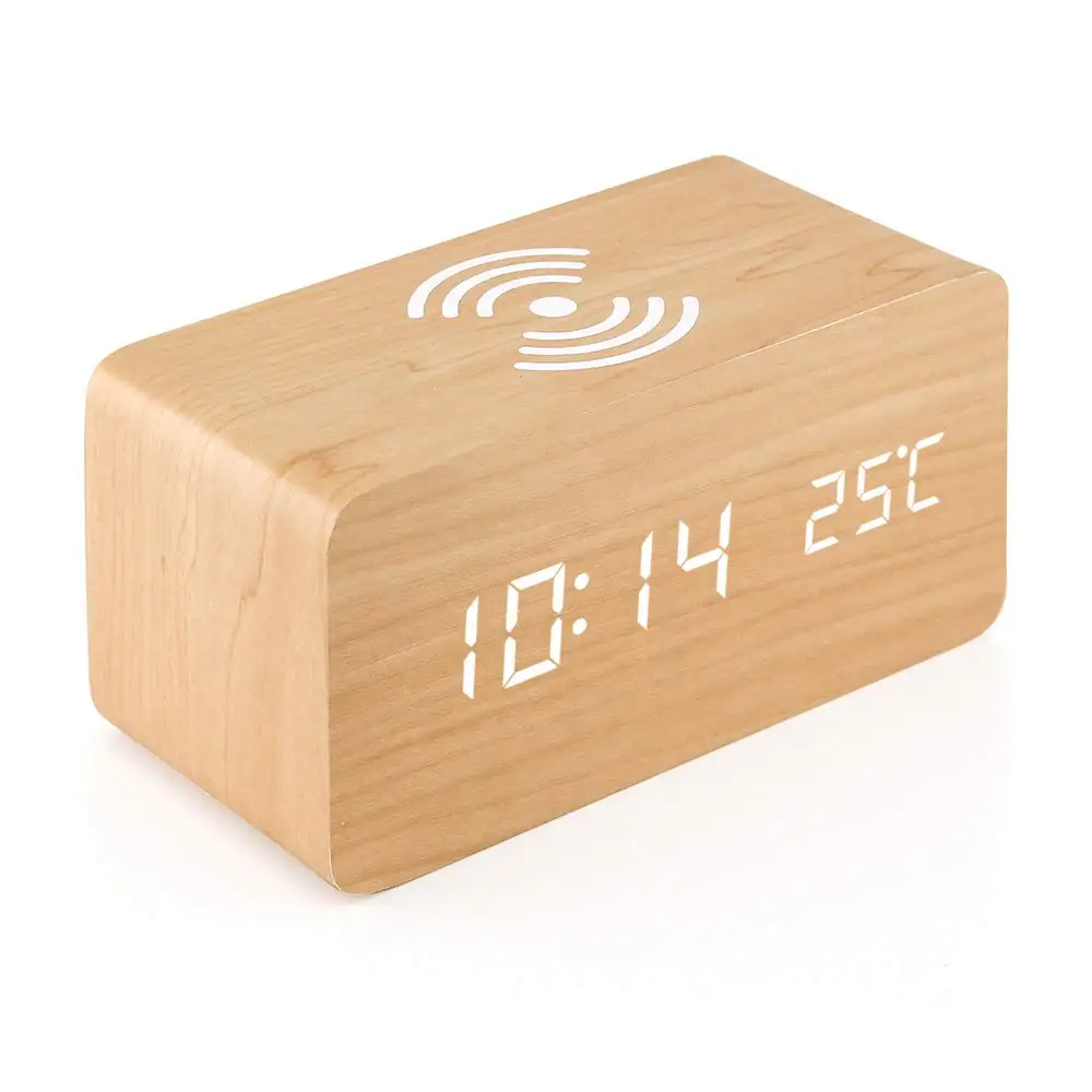 JEYL Деревянный Будильник с Qi беспроводной зарядной панелью совместим с Iphone samsung деревянные светодиодные цифровые часы управление звуком - Цвет: Yellow