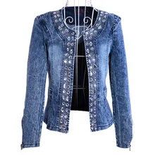 Стрейч ковбой Стразы со стразами в стиле ретро куртка Casaco Feminino Для женщин \ x27s джинсовый жакет с длинным рукавом Свободные Женский пиджак Для женщин