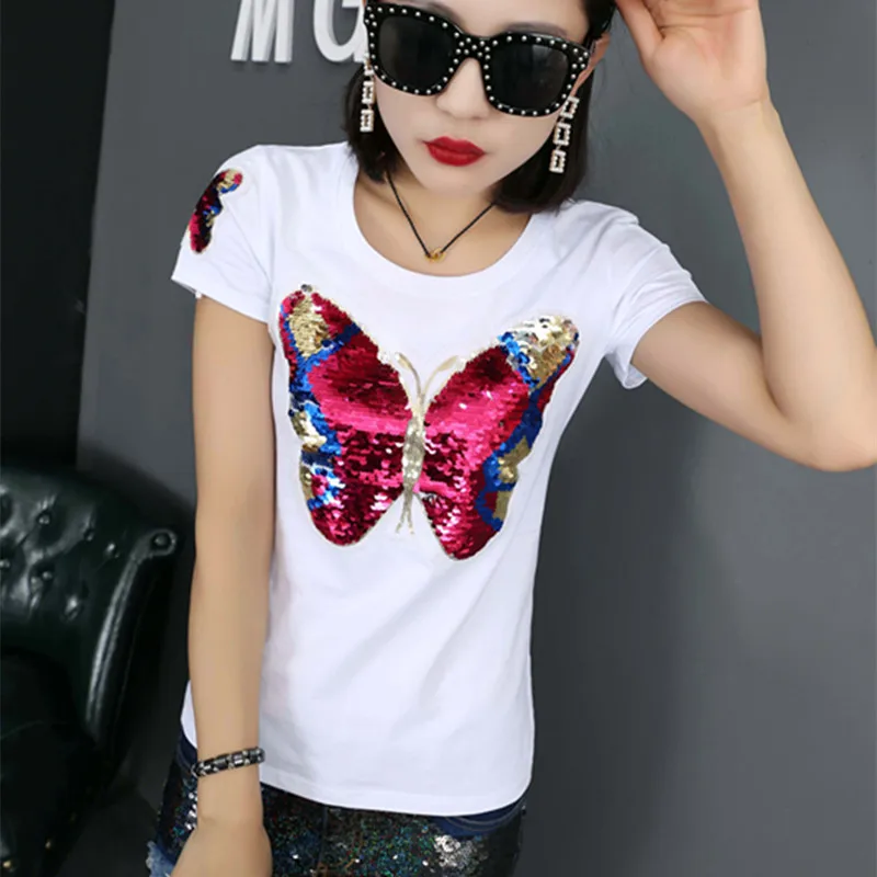 

DANCING WINGS summer sequins butterfly short-sleeved T-shirt black and white women's round neck cotton shirts plus size S-3XL