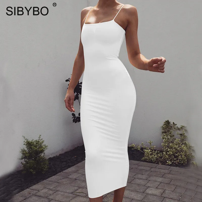 Sibybo, сексуальное длинное платье с открытой спиной на тонких бретельках, вечерние платья с открытыми плечами без бретелек, летнее макси платье, Черное Осеннее облегающее платье для женщин