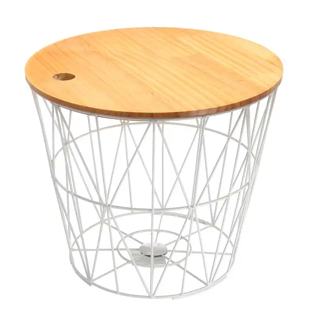 35x30cm White Metal Wire Basket Wooden Top Side Table Storage Loft