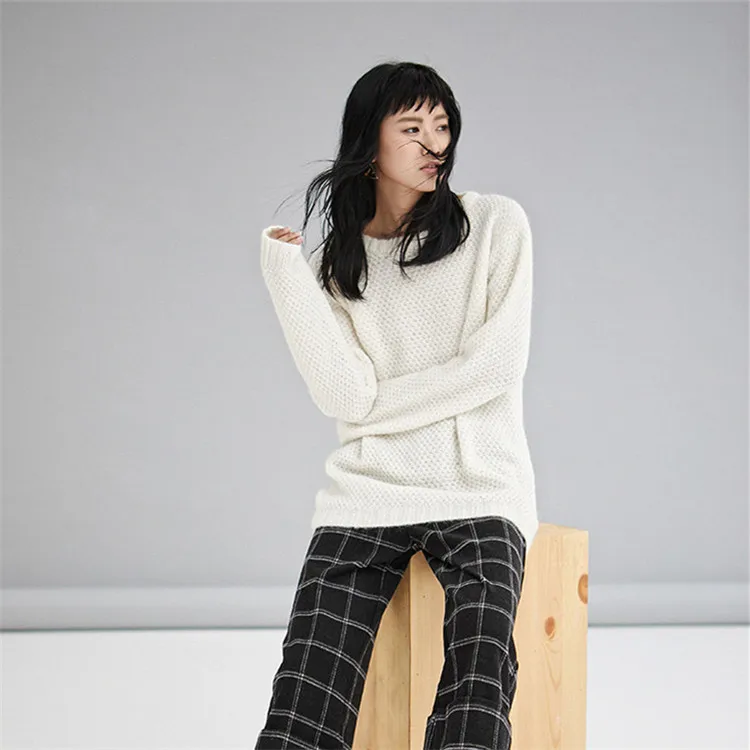  new arrival 100%hand made wool Oneck knit women brief solid loose pullover sweater one&over size