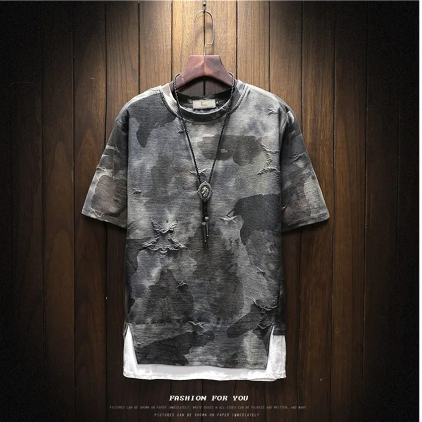 Meilleur 2018 été hommes nouveau faux deux hommes T shirt Camouflage impression hommes T shirt mode marée marque décontracté col rond homme T shirt