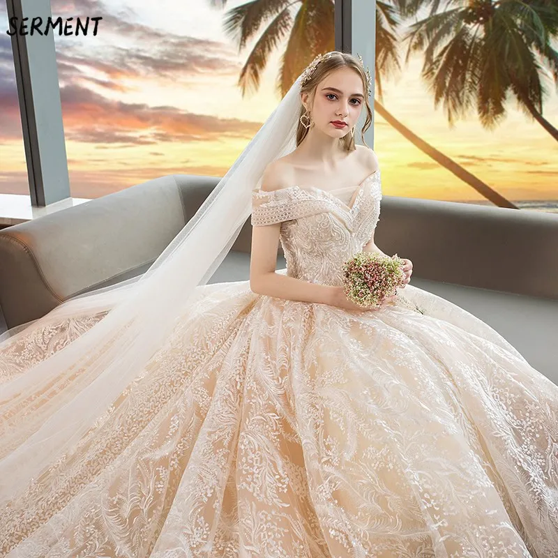 

Wedding Lace Halter Princess Bride Word Shoulder Luxury Imported Lace Trailing Wedding Dress 2019 New