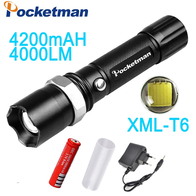 

Pocketman XML T6 Led Flashlight 4200Lumens Led Torch Zoomable Waterproof Tactical Flashlight lanterna for 1x18650 Camping Hiking
