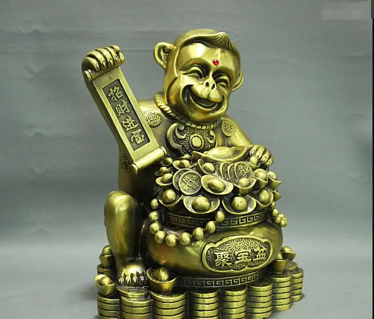 

free 11" Folk Chinese Pure Copper Bronze Zodaic Monkey On Wealth Treasure Bowl Statue fast