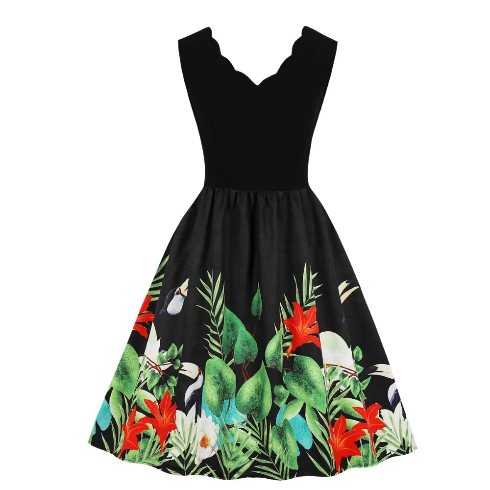 

Women Plunge V Neck V Back Scalloped Sleeveless Sundress Spring Summer Flamingo Tropical Leaf Print Casual Vintage Dress Green