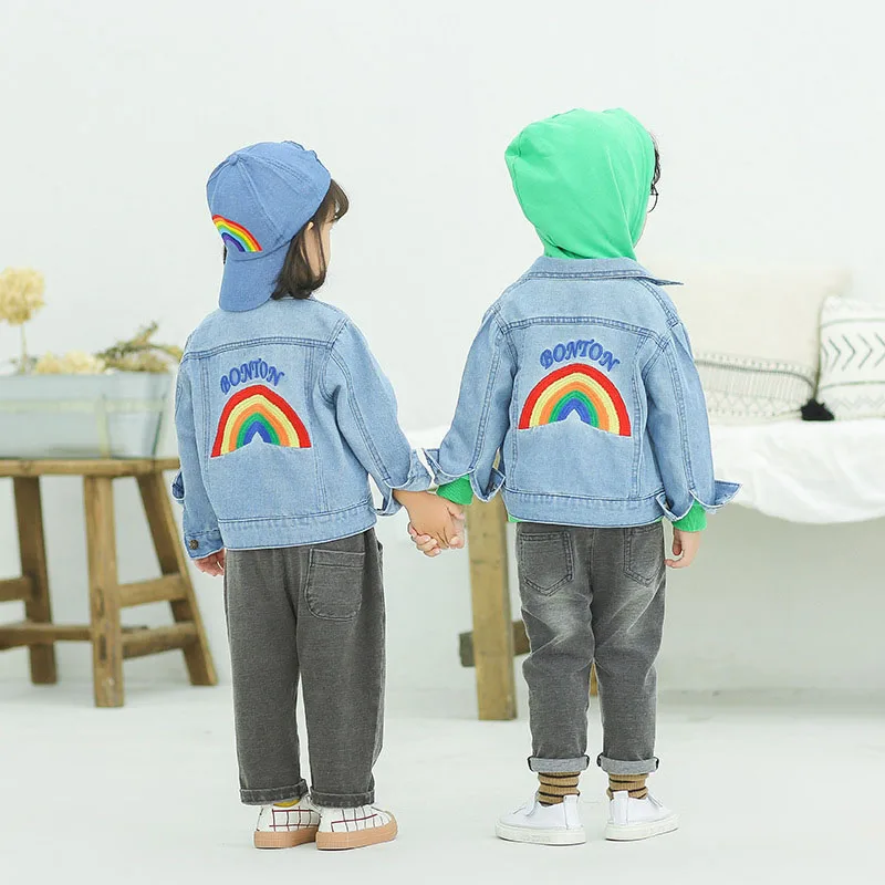 baby girl boy clothes children toddler kids bebe autumn spring blue jeans jacket denim coat outerwear rainbow tops cardigan 1-5y