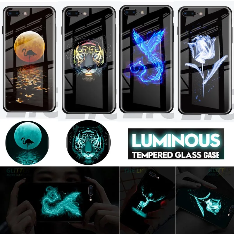 

For Iphone X 6 6S 7 8 Plus Cover Original Silicone Luxury Tiger Luminous Glass Case For Iphone X Xs Max 6S 7 8 Plus Case Apple