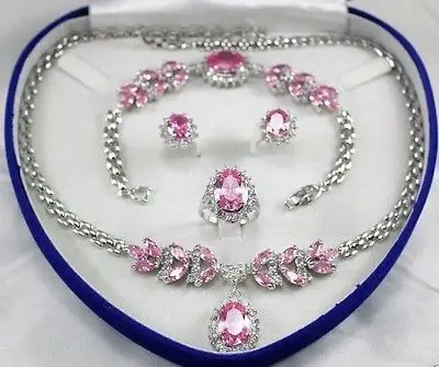 Wholesale fast SHIPPING >>>> Bridal Jewellery Women's Set Pink Crystal Necklace Earring Bracelet Ring (A0425)