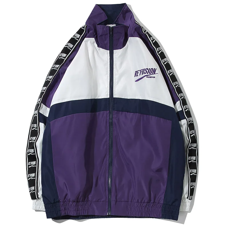Aolamegs куртка мужская куртки Для мужчин лоскутный блок Легкая куртка спортивный костюм пальто хип-хоп молния свободно моды Повседневное мужской ветровка уличная - Цвет: purple