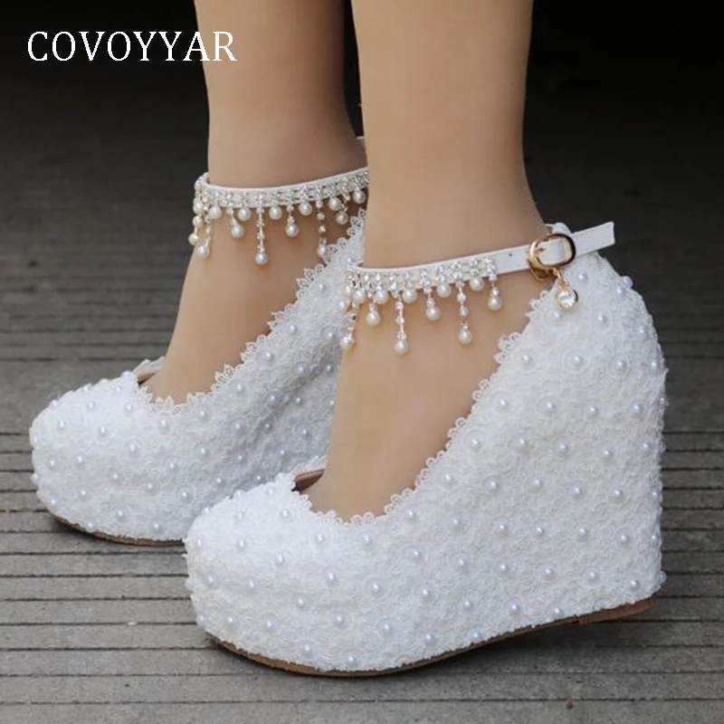 

COVOYYAR 2019 Bridal Wedding Shoes Women Wedge Shoes Pearl Beaded Ankle Strap Platform Lady Pumps High Heels White/pink WHH149