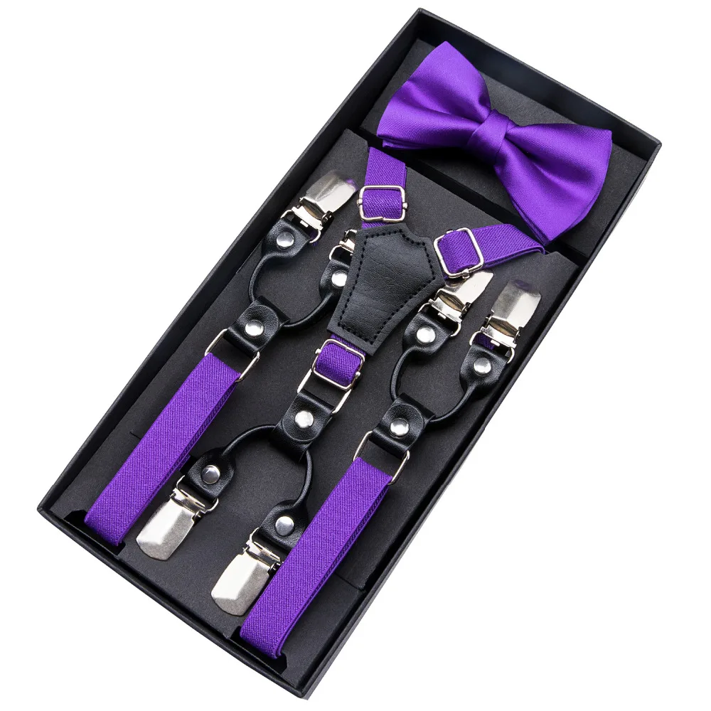 Men's Lavender Purple Clip-On Elastic Y-Back Suspenders with Leather Trim in Box