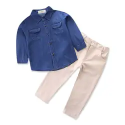 2 предмета, джинсовая рубашка для маленьких мальчиков, топы + длинные штаны, комплект одежды, праздничная одежда